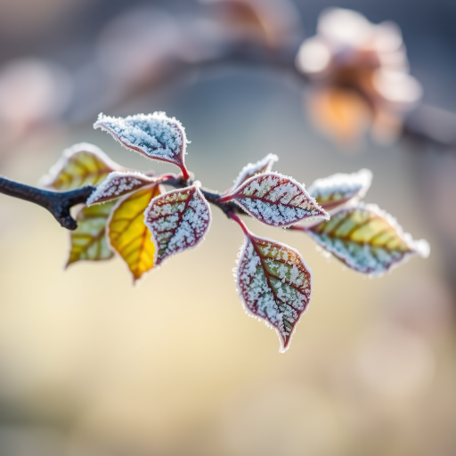 frost-covered leaves on a branch, shallow depth of field, macro photography, natural light, aperture f/2.8, shutter speed 1/200s, ISO 200, DSLR camera, soft focus background