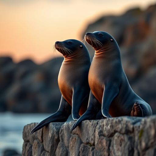 Regenerate the image of two sea lions sitting side by side on a stone ledge at dusk, with a shallow depth of field, soft focus background, using a Canon EOS 5D Mark IV, 50mm lens at f/2.8, ISO 400, shutter speed 1/200s, in natural lighting to enhance clarity and detail.