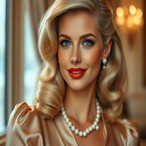 A beautiful Romani woman reminiscent of 1950s Hollywood glamour, with perfectly styled blonde hair and a seductive smile, dressed in a satin blouse and adorned with pearls, soft and warm tones, photorealistic, 8K