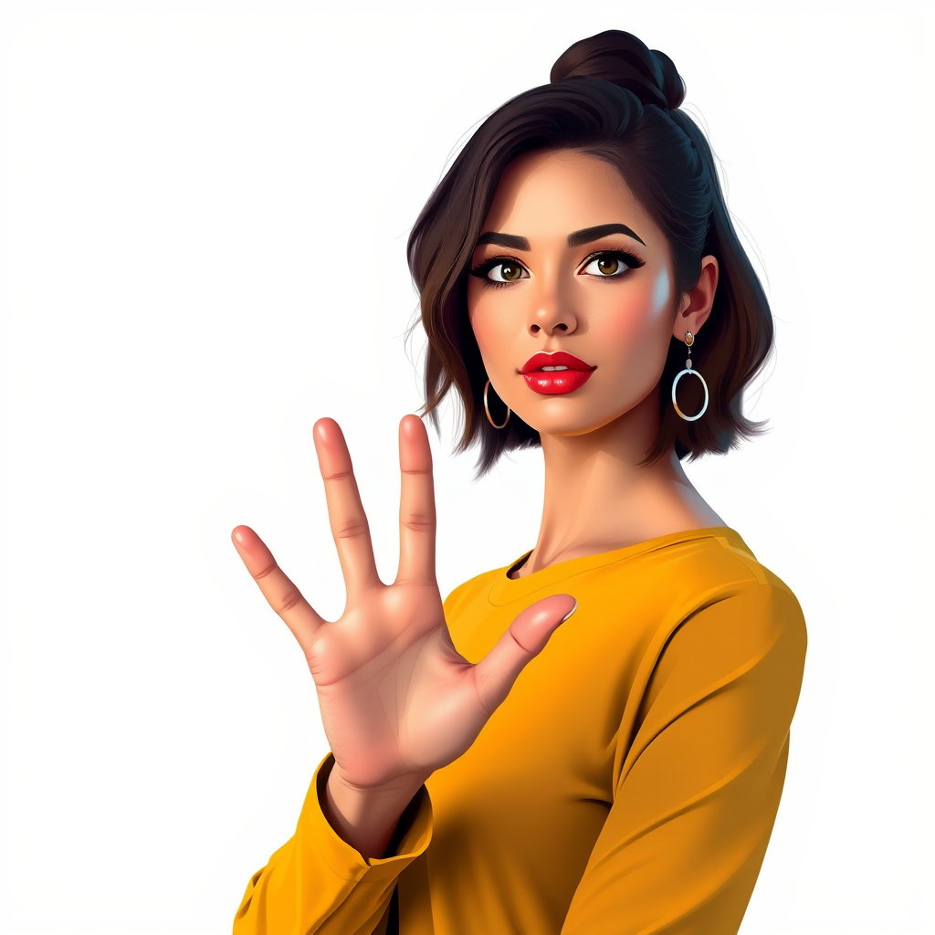 Create a vibrant digital illustration of a woman with a confident pose, emphasizing her hand gesture, using a Canon EOS R5 with a 35mm lens, f/1.8 aperture, ISO 100, soft lighting, and a shallow depth of field to enhance the subject against a plain background.
