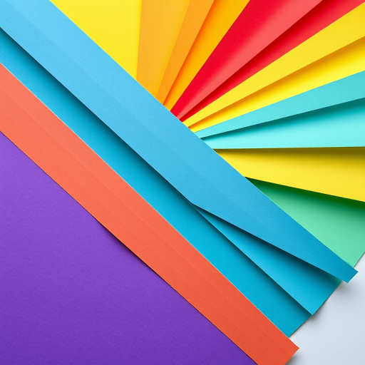 create an abstract image of colorful paper diagonally arranged in a fan pattern transitioning from purple through blue, green, yellow, orange, and red, high resolution, aperture f/8, ISO 100, 50mm lens, top-down view, soft lighting, digital camera