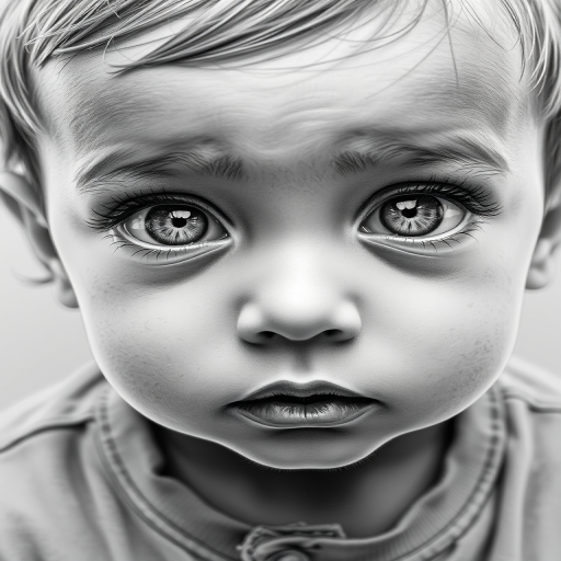 A hyperdetailed photorealistic black and white sketch of a beautiful toddler with deep white eyes, with a macro focus