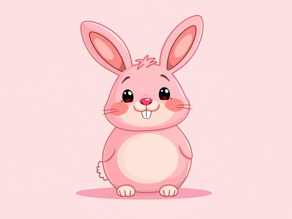 Create a cute cartoon-style illustration of a pink bunny character with a round body and happy expression, set against a solid light pink background, captured with a DSLR camera at f/2.8 aperture, 50mm lens, ISO 100, in soft natural lighting for enhanced color vibrancy and clarity.