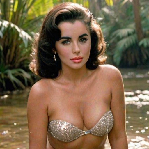 A photo of an old, beautiful Elizabeth Taylor with light tanned skin, a small nose, and soft pink lips. She has perfect symmetric eyes and wears a strapless transparent bikini. She has a big female bosom with push-up. The model is standing under the warm sunlight, showcasing her toned figure and delicate curves. The background is a rain forest with sparkling water and trees. The overall ambiance is a perfect blend of luxury, glamour, and beachside leisure.