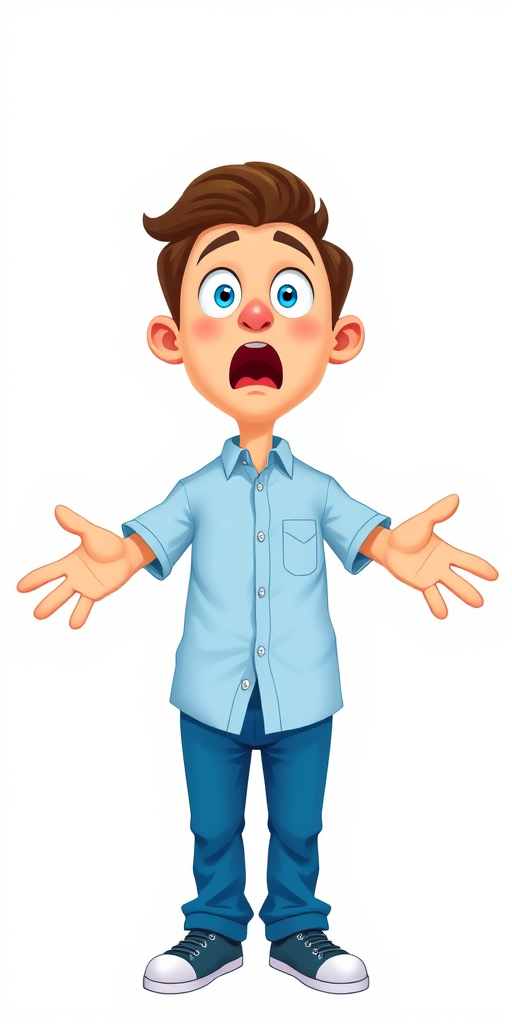 Create a cartoon character of a surprised man with arms wide open, wearing a light blue shirt and blue pants, in a bright and vibrant style, captured with a DSLR camera at f/4.5, ISO 100, 35mm lens, in a flat lay perspective for a clean background.