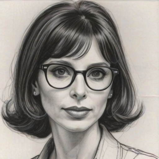 Alluring Talia Shire, pencil sketch, portrait of Magnificent woman 1941s in glasses, hair style beatnik, outline, clear lines, fine lines, 8k