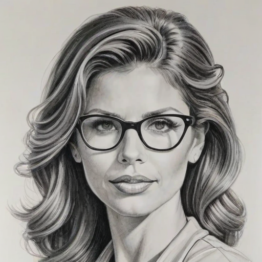 Radiant Charisma Carpenter, pencil sketch, portrait of Enchanting woman 1952s in glasses, hair style beatnik, outline, clear lines, fine lines, 8k