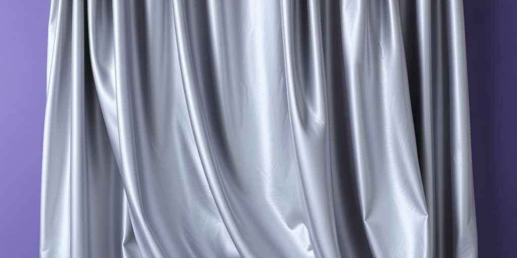 A flowing silver curtain draped in soft folds against a plain purple background, photographed with a Canon EOS R5, 50mm lens, f/1.8 aperture, ISO 100, shot in natural light to enhance texture and color vibrancy.