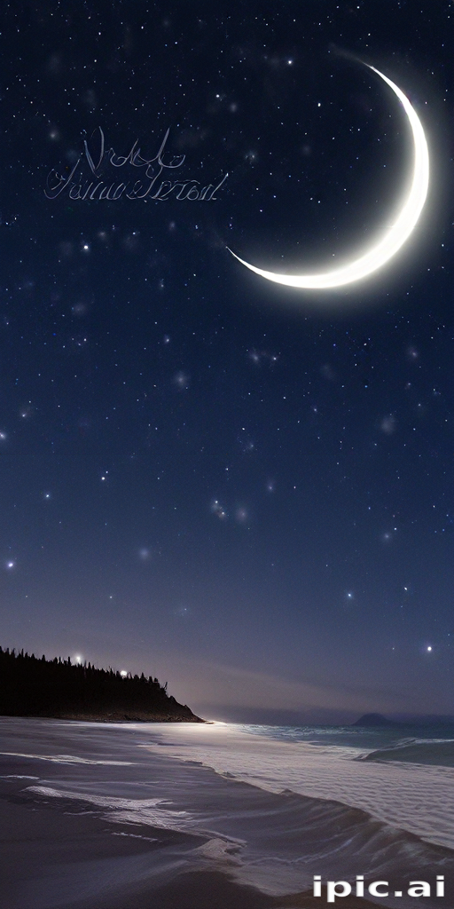 Serene Night Sky Over Calm Ocean with Crescent Moon and Stars