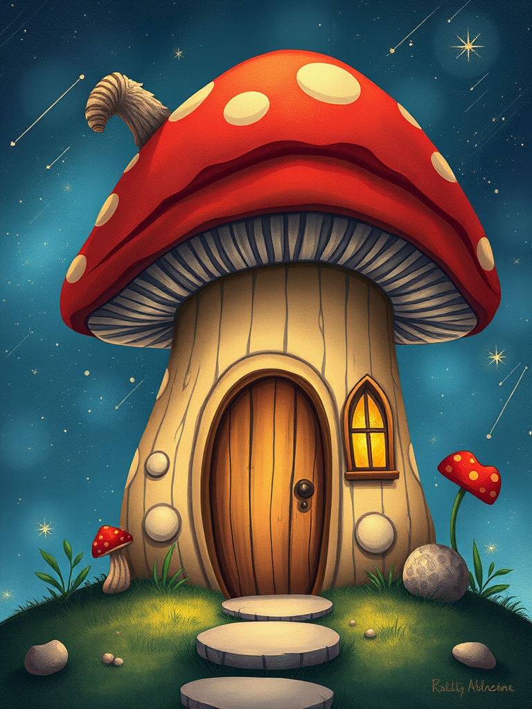 create illustration of a mushroom house with a door and a window, a storybook , fantasy art, mushroom house, bg starry sky, sparkles