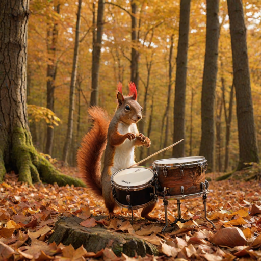 A professional photograph of a quirky squirrel with a fiery red mohawk, energetically playing a whimsical drum set in a vibrant autumn forest. The drum kit is entirely imagined, with bass drums made from hollowed, oversized chestnuts that have been polished to a gleaming finish. The snare drum is crafted from a woven basket of intertwined twigs and leaves, producing a crisp, earthy sound. Cymbals are formed from large, dry maple leaves, their edges curled and textured, hanging on thin branch stands. Smaller acorns serve as tom-toms, and the hi-hat is composed of overlapping oak leaves, delicately stacked on a twig frame. Every element of the drum set is organic, blending seamlessly into the forest floor, which is blanketed in a rich layer of autumn leaves, as the squirrel's paws expertly tap the instruments, filling the scene with the imagined rhythm of nature
