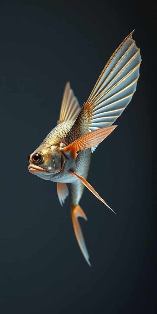 highly detailed illustration of a flying fish with intricate scales and extended fins, 50mm lens, f/8 aperture, ISO 200, shallow depth of field, side view, studio lighting