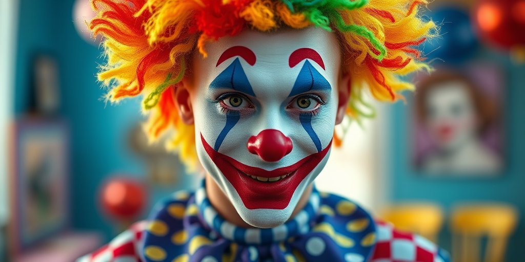 Create a vibrant portrait of a clown with multicolored hair and dramatic makeup, shot with a Canon EOS R5, 85mm f/1.2 lens, ISO 100, aperture f/2.8, in a bright, colorful studio setting with soft lighting.