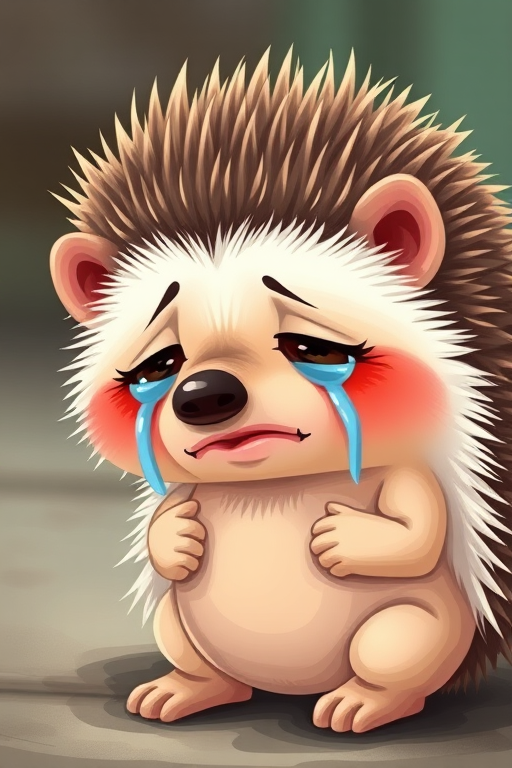 Create an illustration of a crying hedgehog with tears streaming down its face, portrayed in a cute and expressive style, captured with a 50mm lens, f/2.8 aperture, 1/200 sec shutter speed, with a soft focus background using a DSLR camera.