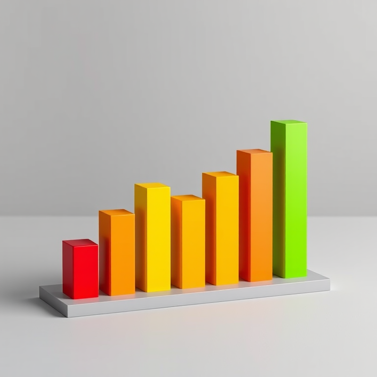 Create a 3D bar graph with six colored bars representing data progression, using vibrant red, orange, yellow, light green, dark green, and bright green; set against a soft gray background; shot with a DSLR camera at f/2.8 aperture, ISO 100, and a 35mm lens, using a shallow depth of field for enhanced focus on the bars.