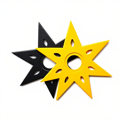 Create an illustration of two ninja stars, one black and one yellow, featuring sharp points and circular holes in the center, set against a simple white background, taken with a DSLR camera at f/8 aperture, ISO 200, 50mm lens, and a view from a slight top angle for enhanced depth and color contrast.
