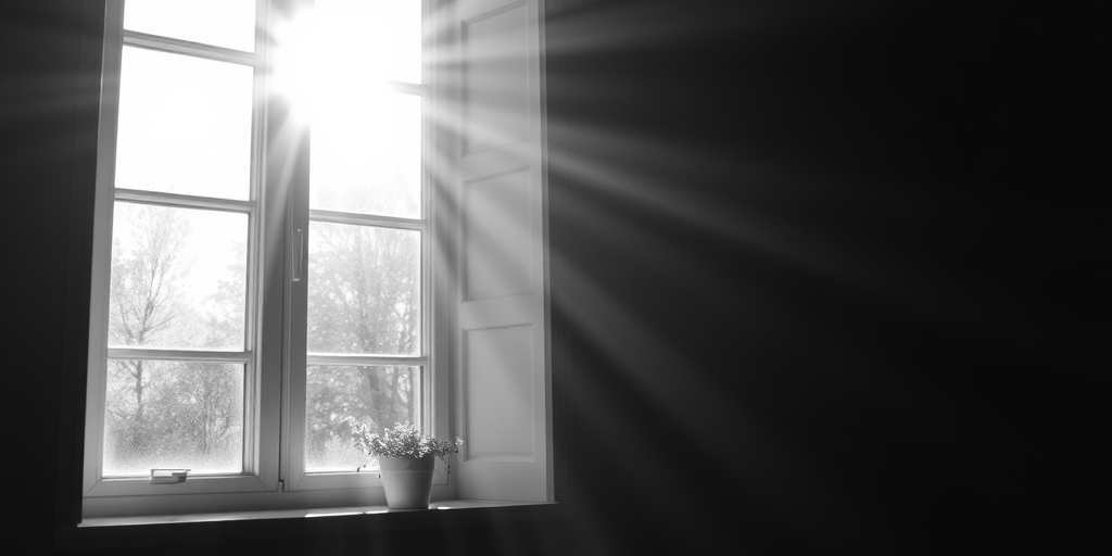 black and white photo of a window with soft sunlight streaming in and a small potted plant on the windowsill, captured with a DSLR camera at f/1.8, ISO 200, shutter speed 1/100s, narrow depth of field, shot from a low angle for dramatic lighting and emphasis on the sunlight rays