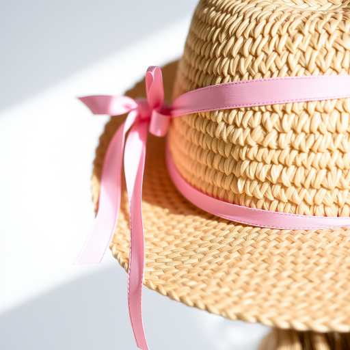 straw hat with a pink ribbon, close-up shot, natural lighting, 50mm lens, aperture f/2.8, ISO 100, shallow depth of field, studio background