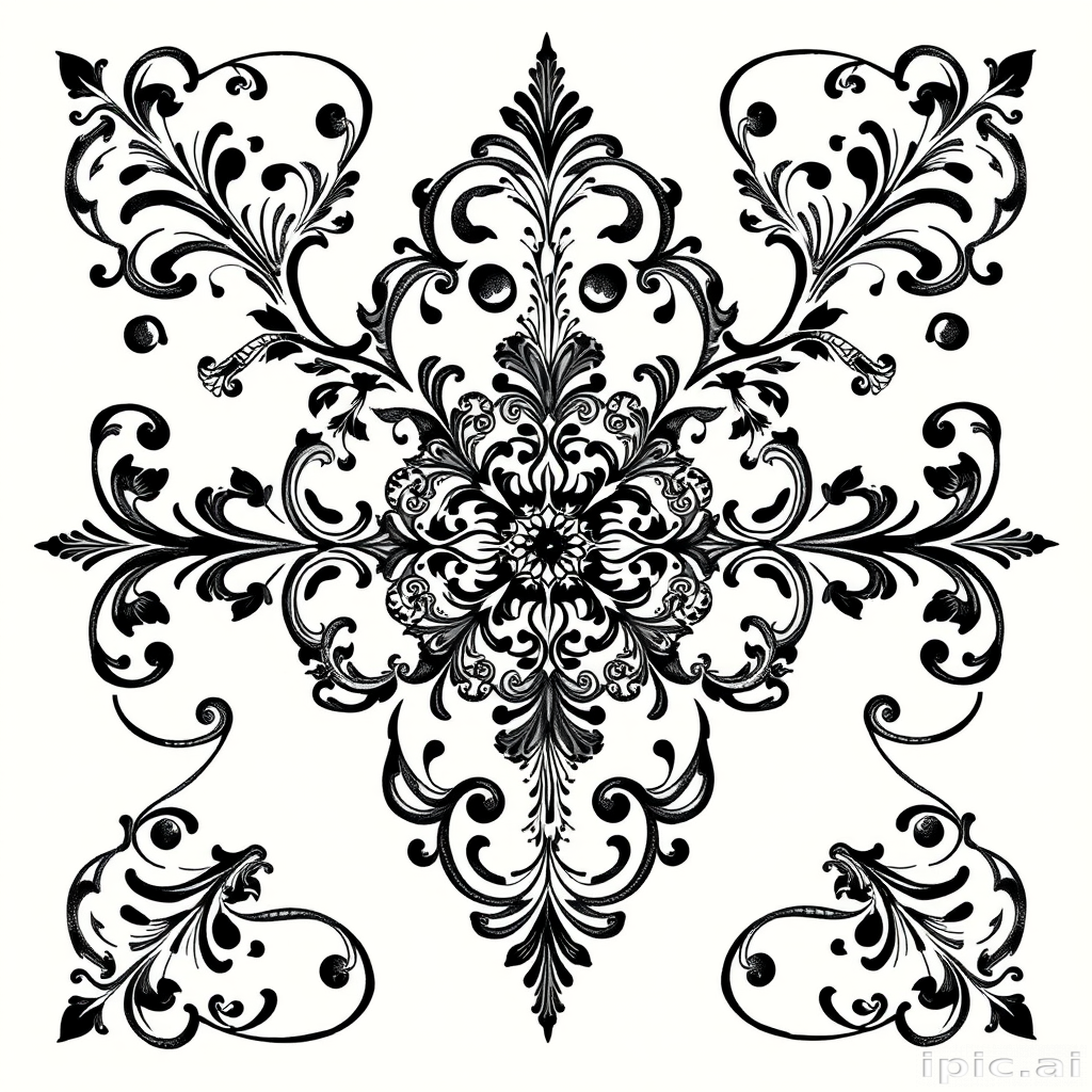 Ornamental blackwork tattoo called "Baroque Elegance" featuring intricate filigree patterns, symmetrical designs, and elaborate scrollwork inspired by historical architectural elements