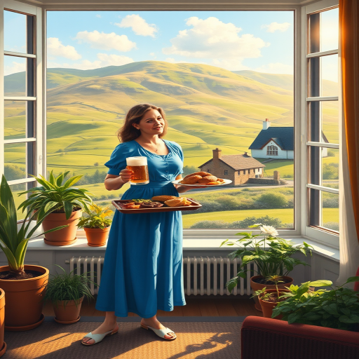 In "A Glass of Beer on the Highland," a serene scene is depicted in a sunlit room where a woman in a vibrant blue dress stands by a large window. She holds a tray with a hearty meal and a frothy glass of beer, embodying a moment of relaxation. Outside, the breathtaking highland landscape features rolling green hills and a charming traditional house, all bathed in warm afternoon light. The interior is adorned with potted plants, creating a harmonious blend of comfort and nature. The painting beautifully captures the tranquility and joy found in simple pleasures amidst stunning scenery