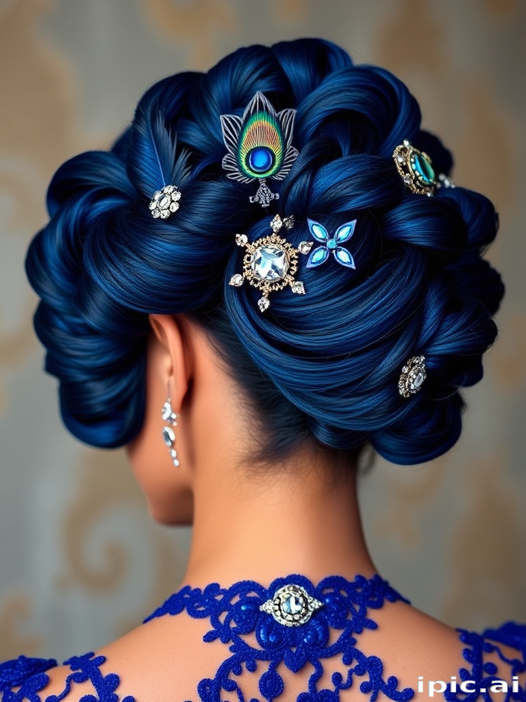 Regal sapphire blue updo known as Royal Peacock incorporating elaborate twists and coils adorned with iridescent feather accents and glittering gemstone hair pins fit for royalty