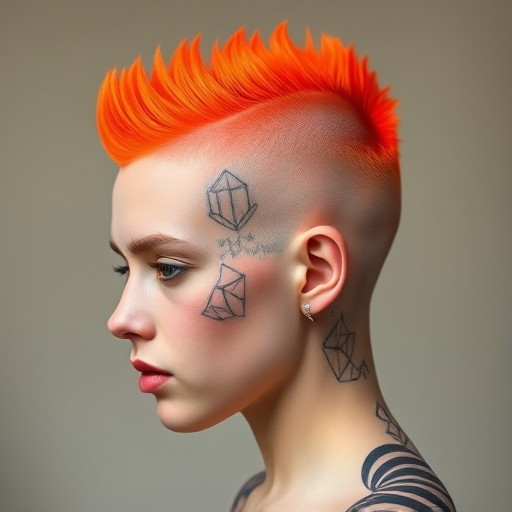 Bold neon orange buzzcut with intricate geometric designs shaved into the sides, showcasing fearless self-expression and avant-garde artistry