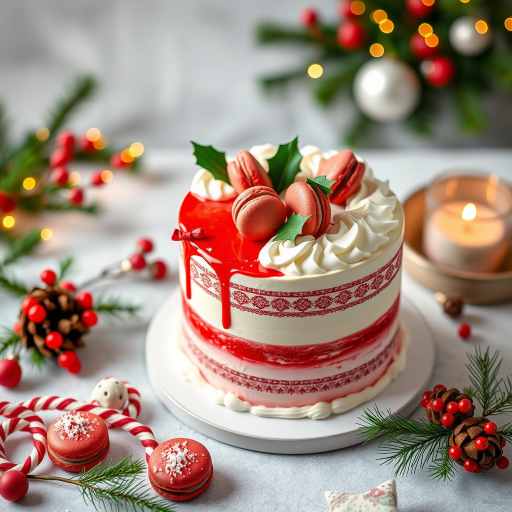 Create a festive cake decoration scene featuring a red and white cake with macarons and holly, captured with a DSLR camera, 50mm lens, f/1.8 aperture, ISO 100, soft focus background, warm lighting, top-down view.