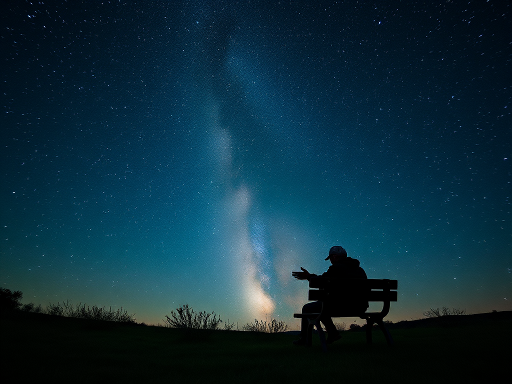 create an image of a person sitting on a bench under a starry night sky with the Milky Way visible, using a wide-angle lens at f/2.8, ISO 1600, exposure time 30 seconds, in a landscape orientation with a soft focus foreground and sharp focus on the stars, captured with a DSLR camera