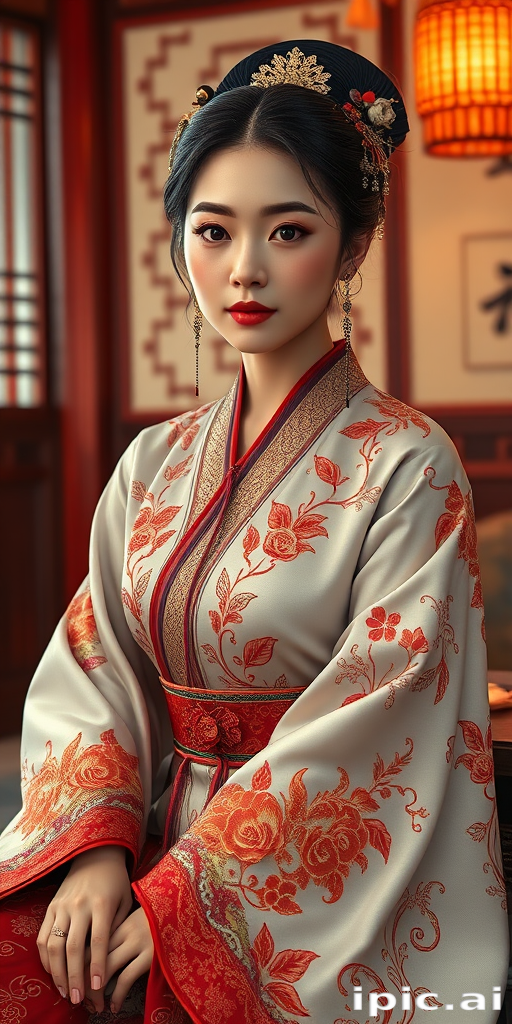 A beautiful woman in traditional East Asian attire, intricately detailed with embroidered patterns, sitting gracefully in a richly decorated room, soft ambient lighting, serene and elegant, ultra-realistic, 8K resolution