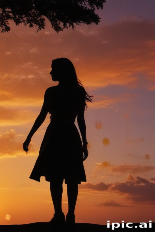 Silhouette of a Woman Against a Vibrant Sunset Sky Background.