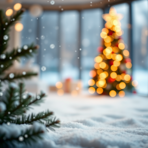 Create a serene winter scene with softly falling snowflakes, a blurred background featuring a decorated Christmas tree, and gentle bokeh lights. The foreground should have a snowy texture, creating a cozy holiday atmosphere.