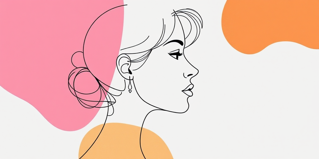 create a minimalist line drawing of a woman's profile with abstract colorful shapes in pink, blue, and orange in the background, captured with a Canon EOS R5, 50mm lens, f/1.8 aperture, ISO 100, natural light, high contrast for enhanced image quality