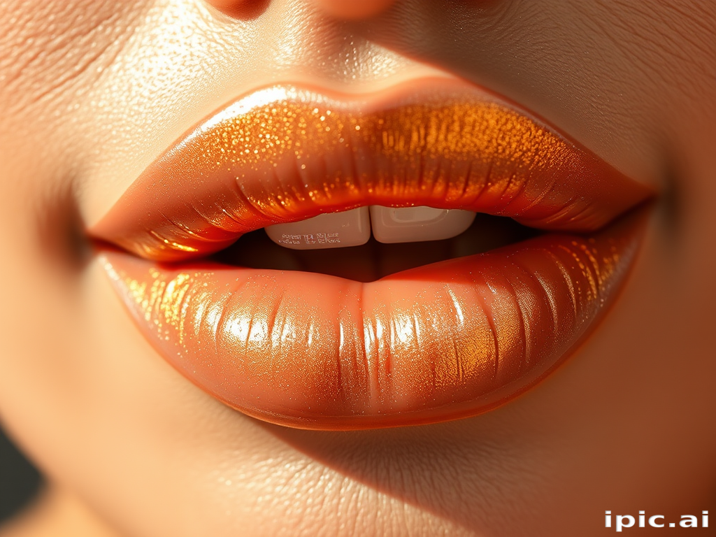 Shimmering nude lips with golden undertones, reflecting light and creating a luxurious glow, enhancing natural beauty with understated elegance