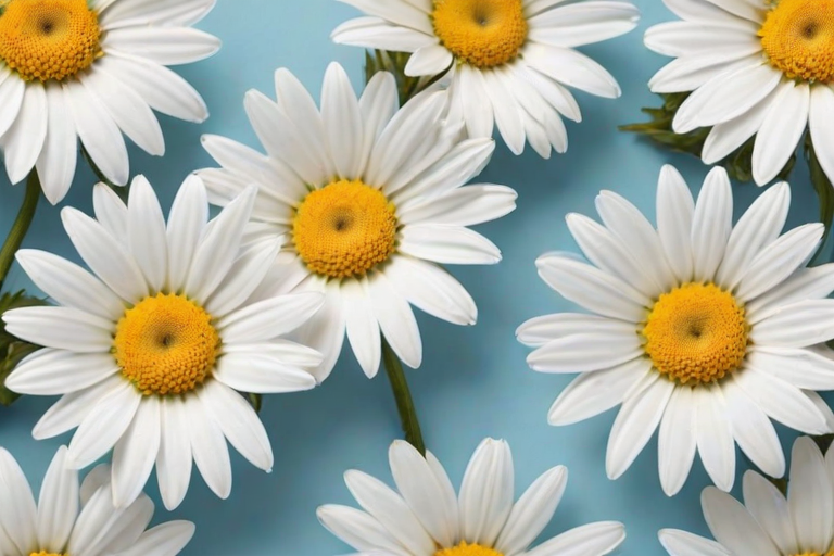 create a seamless pattern of white daisies with yellow centers on a light blue background