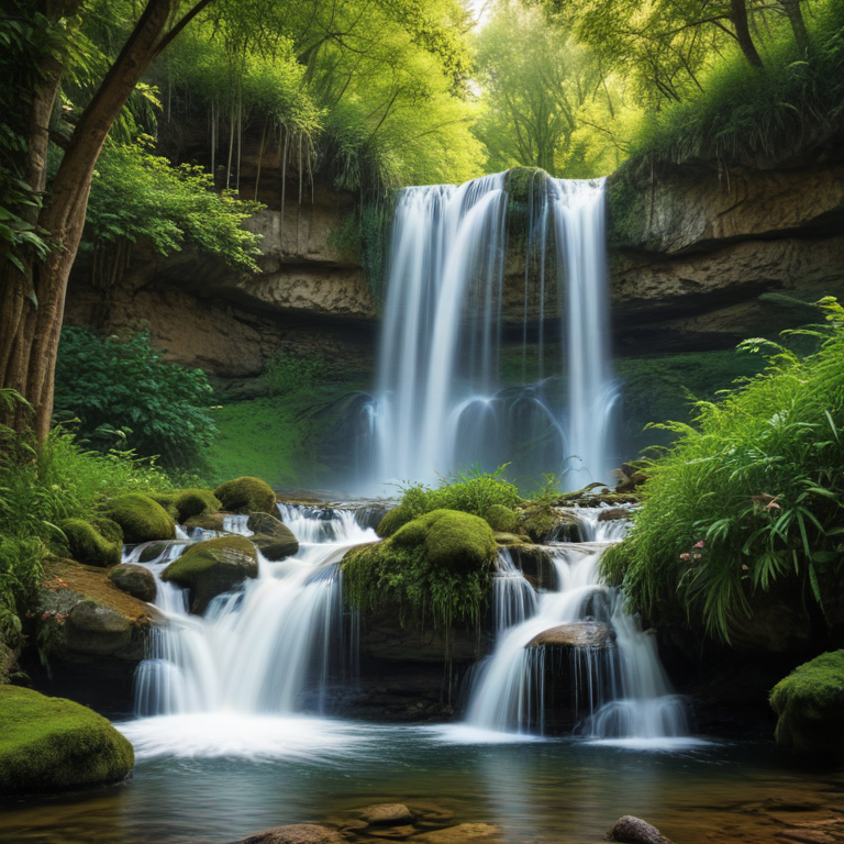 Serene Waterfall Cascading Through Lush Greenery in a Tranquil Forest ...
