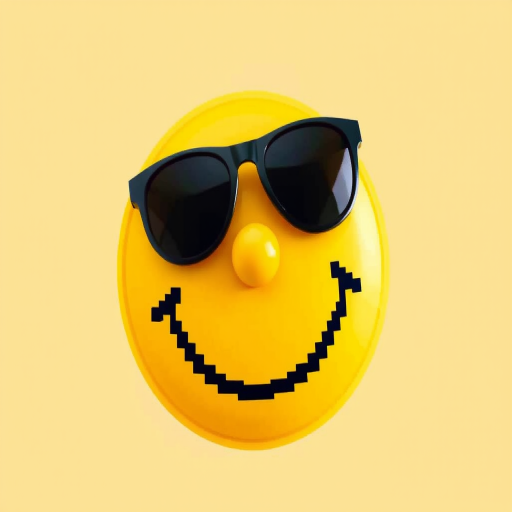 Generate a high-resolution pixel art image of a yellow smiley face wearing sunglasses, with sharp edges and vibrant colors, using a DSLR camera at f/2.8, ISO 100, 50mm lens, top-down view, with soft lighting for enhanced detail.