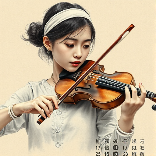 a young Asian woman with a white headband playing a violin, in the style of a charcoal drawing, sepia grunge background