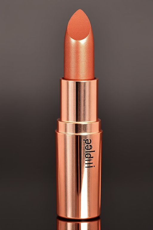 Metallic rose gold lipstick titled "Gilded Petal" with a creamy formula, offering intense pigmentation and a luxurious sheen for a glamorous look