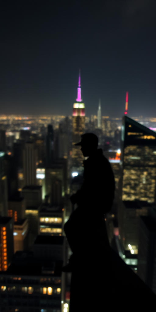 Blurry, grainy shot of a city skyline at night from a high rooftop, distant skyscrapers twinkling with lights, with the silhouette of a person leaning on the ledge in the foreground.