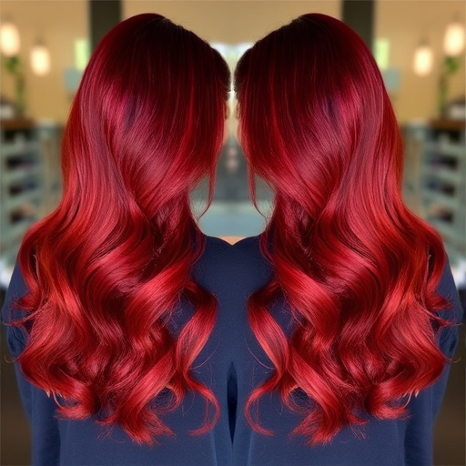 Elegant Crimson Cascade hairstyle featuring long, luxurious waves cascading down the back with a deep side part and subtle ombre effect transitioning from dark red to bright copper