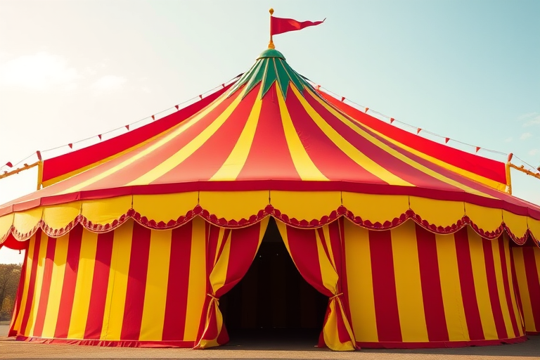 Create a vibrant 3D illustration of a circus tent with red and yellow stripes and a green peak, captured with a DSLR camera at f/8 aperture, ISO 100, 50mm focal length, in natural lighting from a low angle to enhance details and depth.