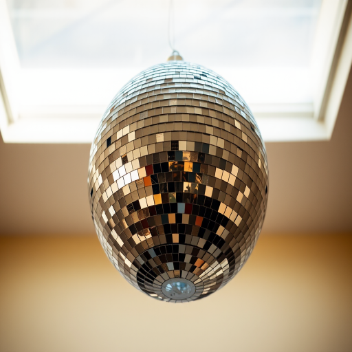 Create a high-resolution image of a disco ball hanging from a ceiling, captured with a DSLR camera at f/2.8 aperture, ISO 100, and a shutter speed of 1/60s, using a low-angle view and soft natural lighting to enhance reflections and details.