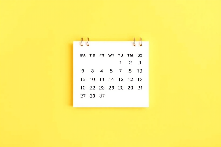 minimalist calendar design on a bright yellow background, soft lighting, 50mm lens, f/2.8 aperture, ISO 100, top-down view, digital illustration, HD quality