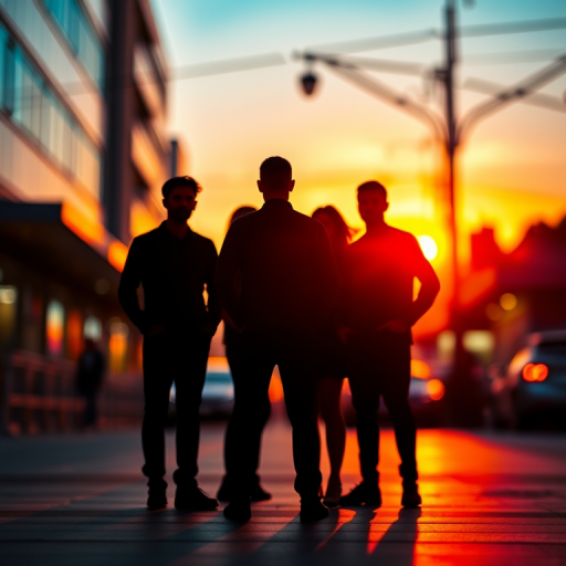 Regenerate an abstract silhouette image of five people standing in a colorful urban environment, use a Canon EOS R5, 50mm lens, f/1.8 aperture, ISO 100, at sunset with a shallow depth of field for a vibrant bokeh background.