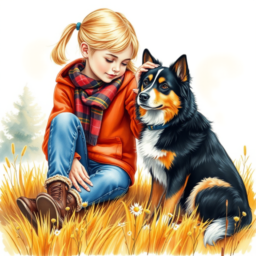 A detailed watercolor and acrylic illustration showing a heartwarming scene between a young blonde girl in pigtails and a Bearnaise Mountain dog. The girl, dressed in a rust hoodie, jeans, and a plaid scarf, gently rests her hand on the dog’s head. The dog, with black, copper, and white fur, sits beside her, tilting its head in affection. They sit on golden grass with wildflowers, against a sunny fall background. The artwork focuses on realistic textures and the tender bond between them.