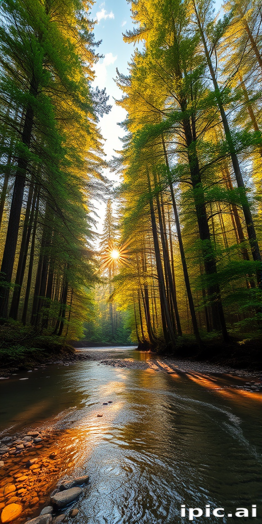 Create an image of a serene, sunlit forest scene with a clear, gently flowing river. Tall trees with lush green foliage line both sides of the river, their leaves bathed in the warm golden light of the setting or rising sun. The sunlight filters through the trees, casting soft, dappled light on the river, which flows over smooth rocks and pebbles, creating a peaceful, natural atmosphere. The sky is bright with a few scattered clouds, and the overall mood is tranquil, evoking a deep sense of connection with nature. The image captures the beauty of a calm, pristine forest landscape at either dawn or dusk.