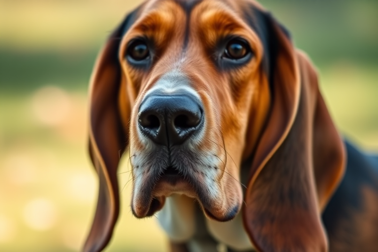 capture a highly detailed portrait of a basset hound with a soft focus background, using a 85mm lens, aperture set to f/1.8, ISO 100, natural lighting to enhance textures and contrast, shot with a Canon EOS R5