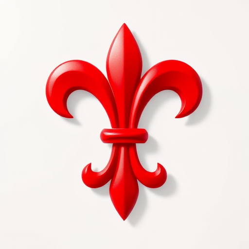 Create a high-resolution image of a red fleur-de-lis emblem on a transparent background with soft shadows, using a DSLR camera, 50mm lens, aperture set to f/2.8, ISO 100, and a slight vignette effect.