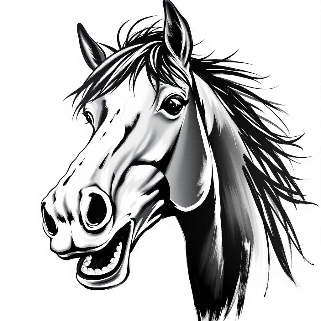 Abstract black and white acrylic portrait of an over exaggerated laughing (horse). Minimalism style. White background.