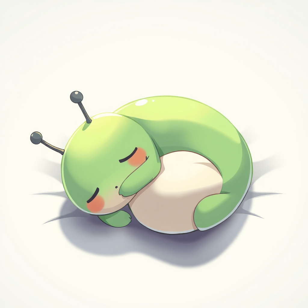 Create a bright, high-resolution illustration of a cartoonish green creature sleeping with a rounded body and two antennae, using a soft focus background, 50mm lens, f/2.8 aperture, ISO 100, top-down view, in a digital art style.